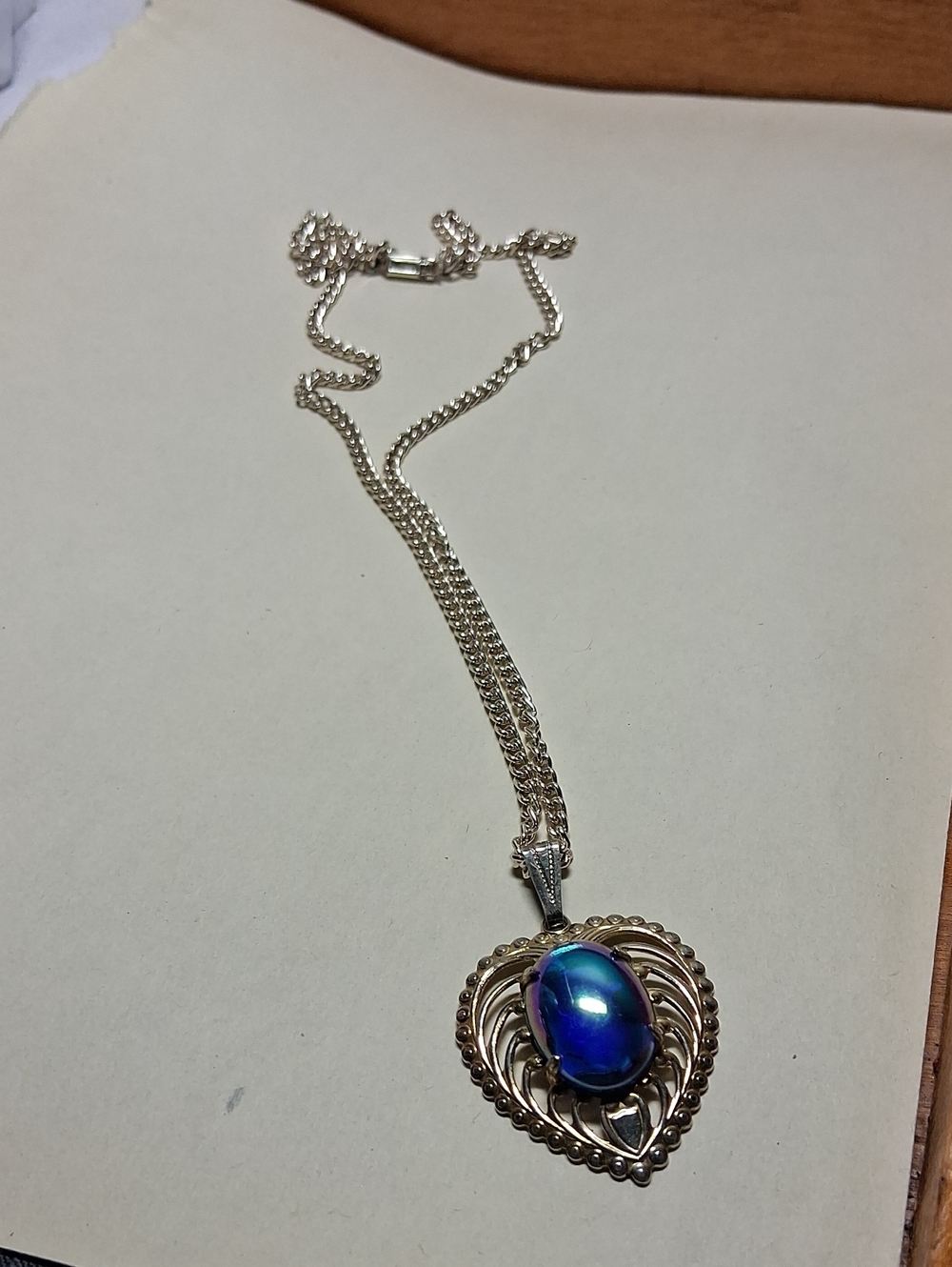 Silver Heart Pendant Necklace with Iridescent Blue Purple Cabochon